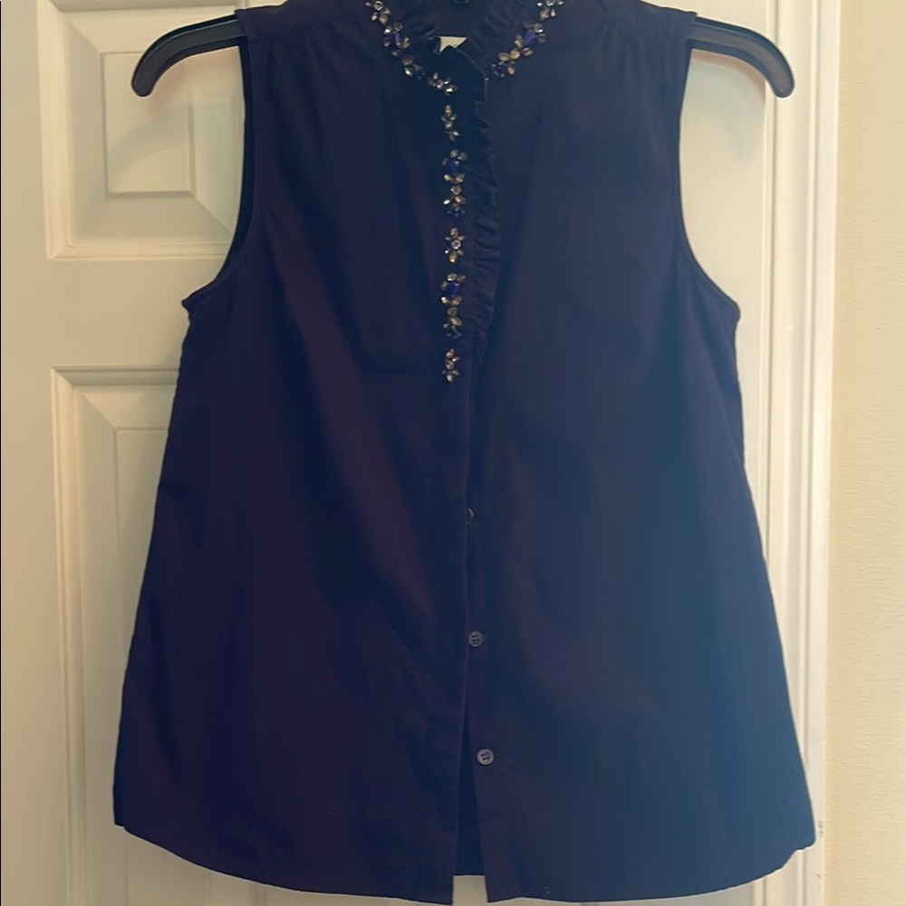 Navy Sleeveless J Crew blouse w jewels and ruffle neck
